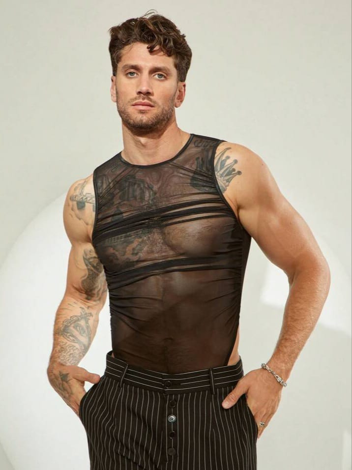 FASHION-CITY Men's Mesh Sheer Sexy Round Neck Sleeveless Bodysuit